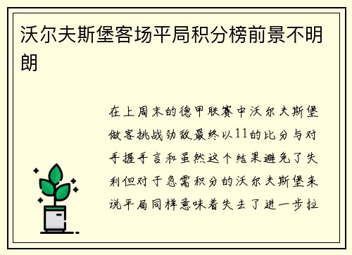 沃尔夫斯堡客场平局积分榜前景不明朗
